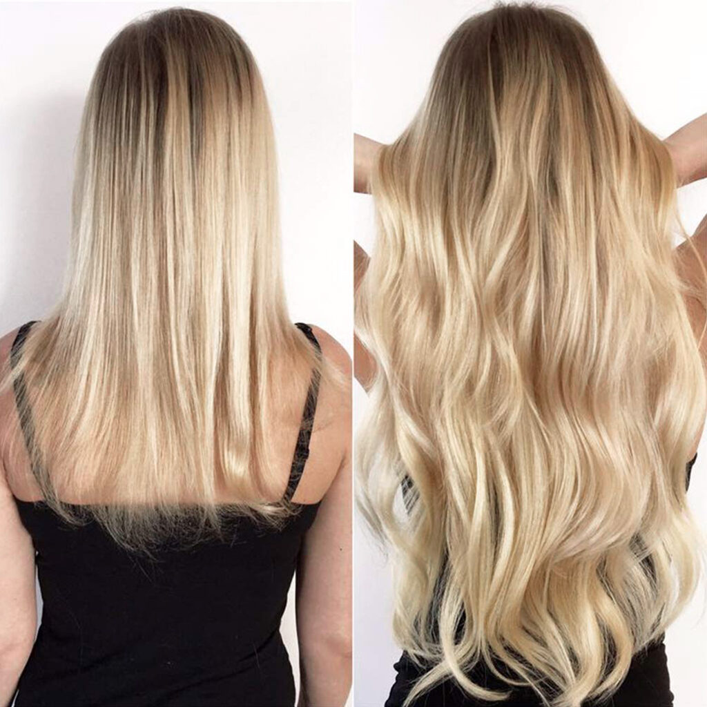 A before-and-after photo of a lady with and without a halo hair extension on