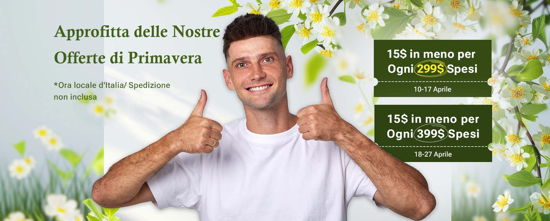 Banner di Newtimes Hair per la promozione di Primavera sulla home page contenente un uomo con una protesi capelli, incluso il testo sulle politiche di sconto