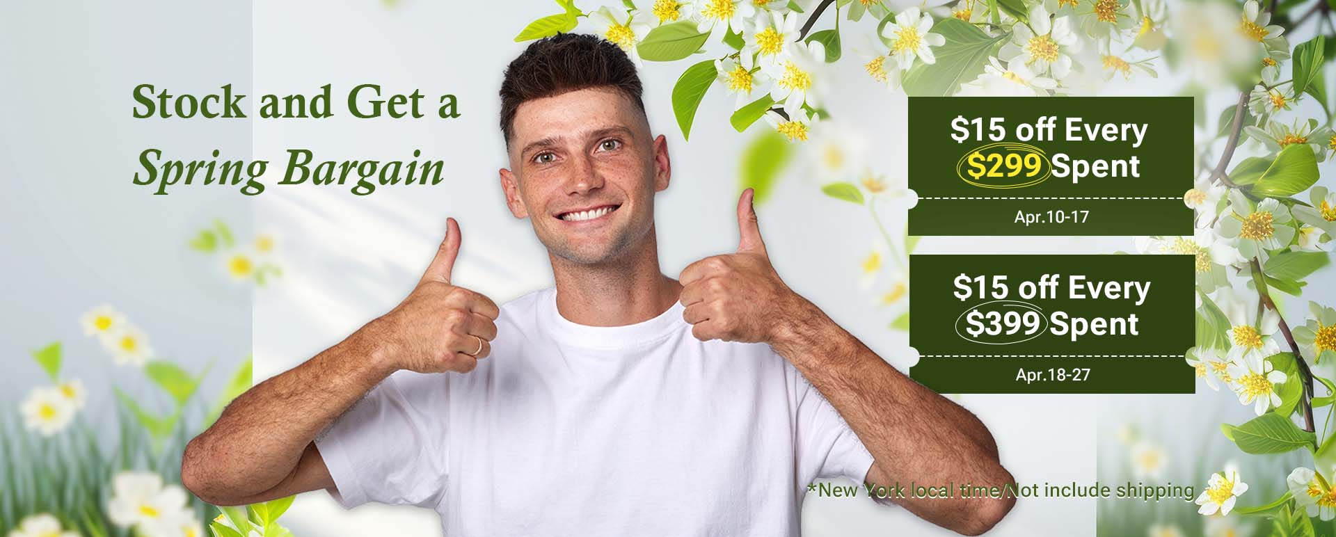 Newtimes Hair banner for Spring promotion on the home page featuring a man with a hair system dressed in a white t-shirt giving a thumbs-up gesture, including text on discount policies